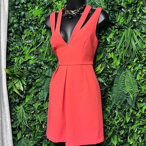 BCBGMAXAZRIA Dress 4 Coral Orange Mini V Neck Pleated Cocktail Party 3073 - Picture 1 of 9